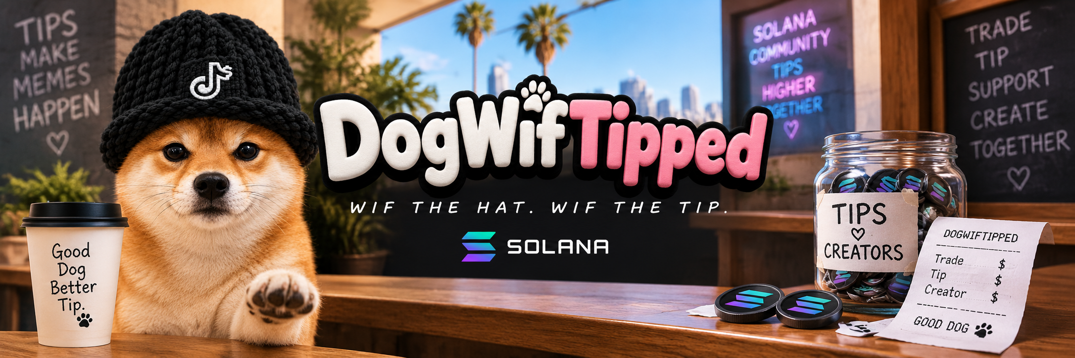 DogWifTipped café counter: mascot with a tip jar, chalkboard, and Solana coins