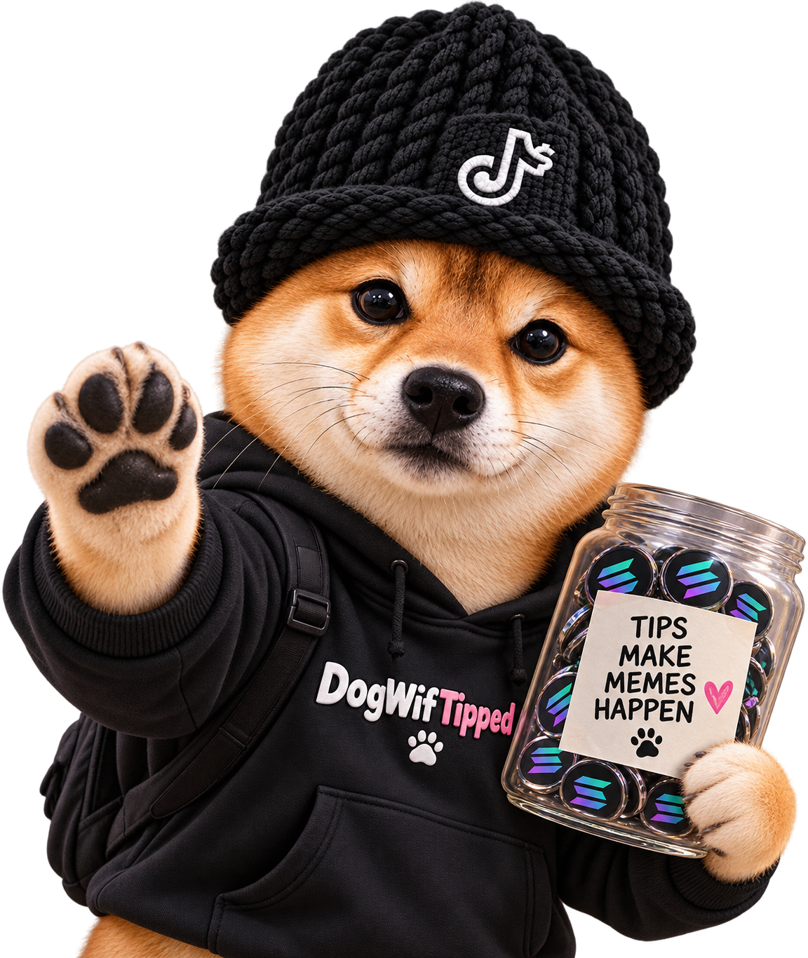 DogWifTipped mascot in a black knitted beanie and apron, paw raised, holding a tip jar